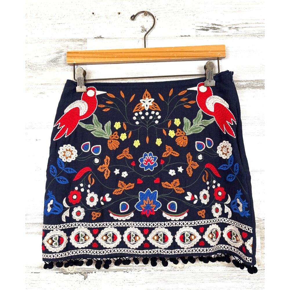 Umgee Womens S Navy Blue Multi Embroidered Mini Skirt Cotton Blend Boho Chic